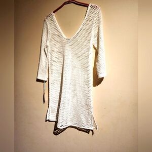 NWT Kona Sol White Relaxed Crew  Neck Crochet 3/4 Sleeve Tunic Coverup